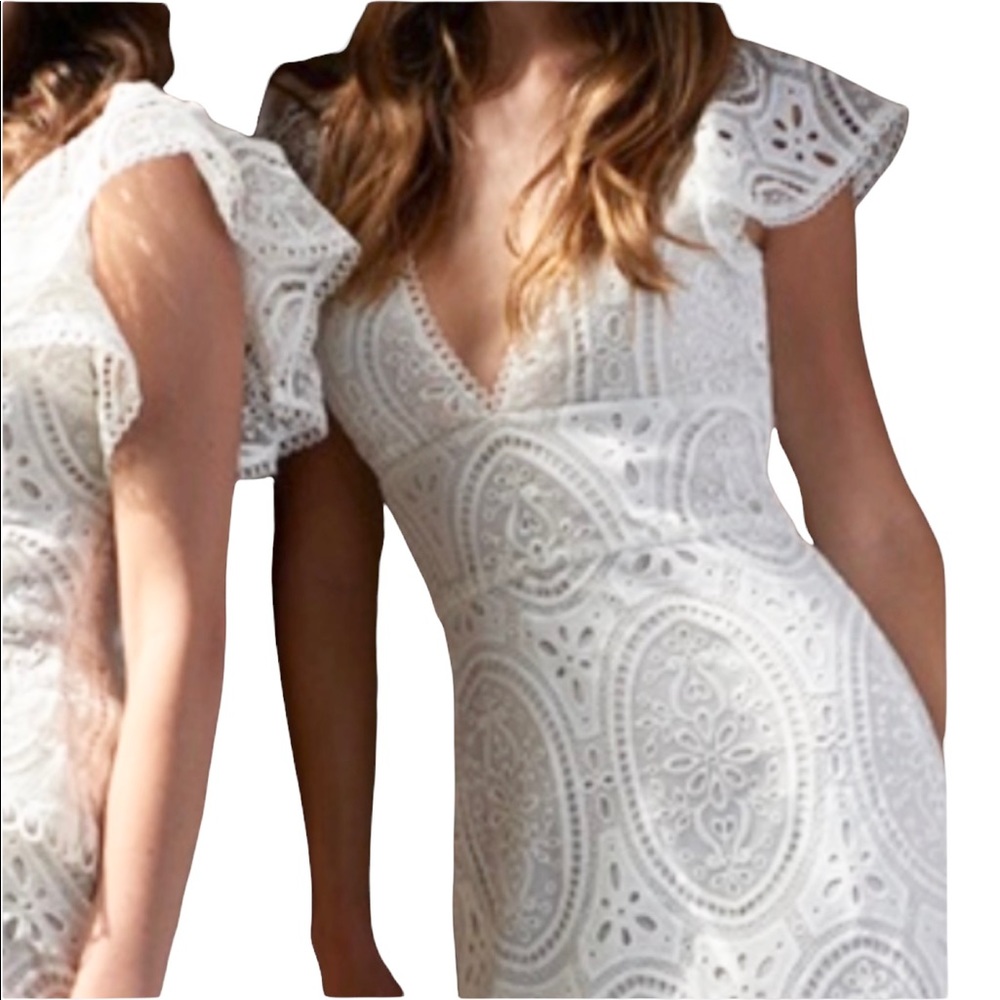Monique Lhuillier Eyelet Lace Midi Dress in Ivory Size 12 NWT